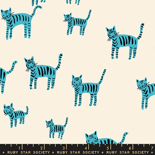 A closeup shot of the quilting fabric pattern called Tiger Stripes, designed by Alexia Abegg for Ruby Star Society, in the turquoise colorway. The SKU is RS4132 14.