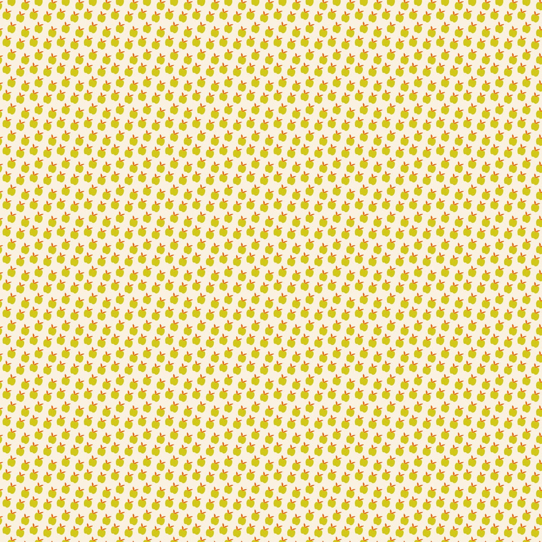 A closeup shot of the quilting fabric pattern called Apples, designed by Alexia Abegg for Ruby Star Society, in the pistachio colorway. The SKU is RS4134 11.
