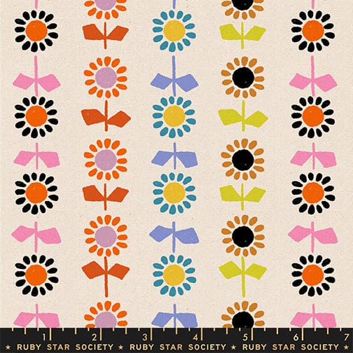 A closeup shot of the canvas fabric pattern called Daisy Stripe, designed by Alexia Abegg for Ruby Star Society, in the natural colorway. The SKU is RS4136 11L.