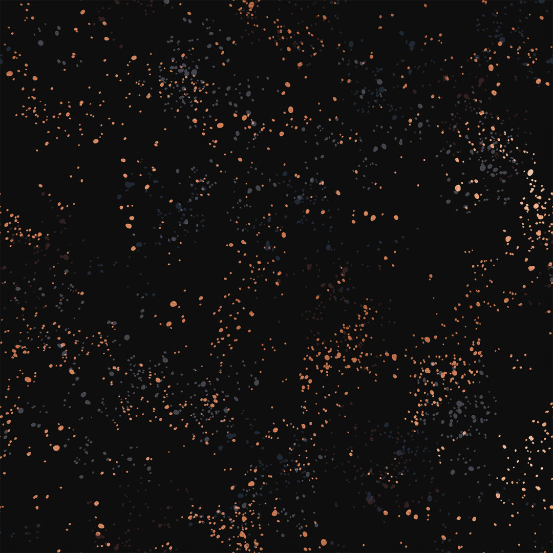 Cotton quilting fabric pattern called 'Black'. Part of the 'Speckled Metallic' fabric collection. Designed by Ruby Star Society for fabric company Moda Fabrics. SKU: RS5027 61M. 44-45 inch width.
