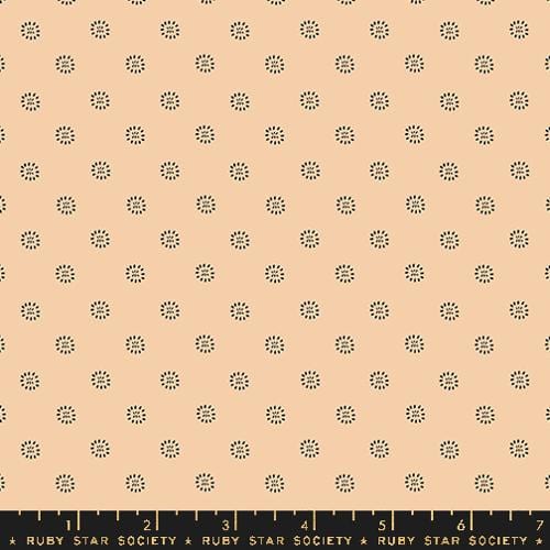 Cotton quilting fabric pattern called 'Stamped Flower in Creme Brûlée'. Part of the 'Favorite Flowers' fabric collection. Designed by Ruby Star Society for fabric company Ruby Star Society. SKU: RS5150 13. 44-45 inch width.