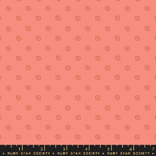 Cotton quilting fabric pattern called 'Stamped Flower in Dark Melon'. Part of the 'Favorite Flowers' fabric collection. Designed by Ruby Star Society for fabric company Ruby Star Society. SKU: RS5150 17. 44-45 inch width.