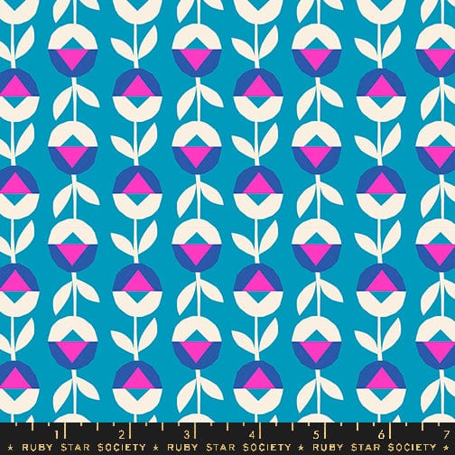 Cotton quilting fabric pattern called 'Flower Chain in Cerulean'. Part of the 'Eye Candy' fabric collection. Designed by Ruby Star Society for fabric company Ruby Star Society. SKU: RS5161 20. 44-45 inch width.