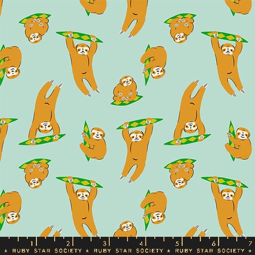 Cotton quilting fabric pattern called 'Sloth in Minty'. Part of the 'Animal Animal' fabric collection. Designed by Ruby Star Society for fabric company MODA. SKU: RS5168 14. 44-45 inch width.