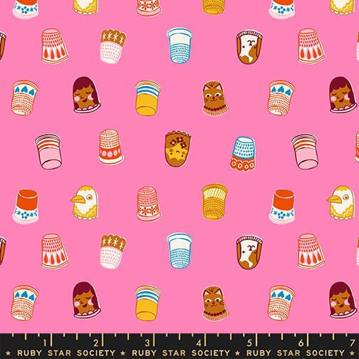 Thimbles in Flamingo quilting fabric, part of the 1 800 Notion fabric collection by Ruby Star Society (SKU: RS5211 14)
