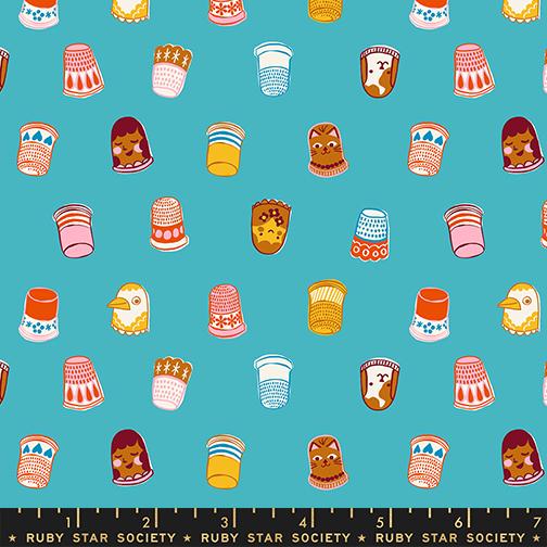 Thimbles in Turquoise quilting fabric, part of the 1 800 Notion fabric collection by Ruby Star Society (SKU: RS5211 15)