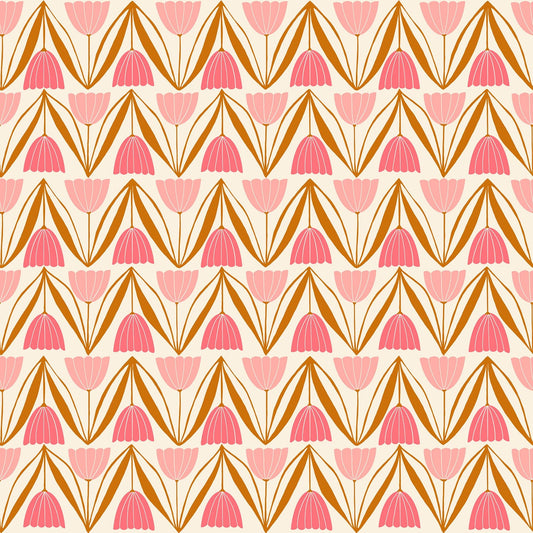 Cotton quilting fabric pattern called 'Tulips in Natural'. Part of the 'Endpaper' fabric collection. Designed by Jen Hewett for fabric company Ruby Star Society. SKU: RS6043 12. 44-45 inch width.
