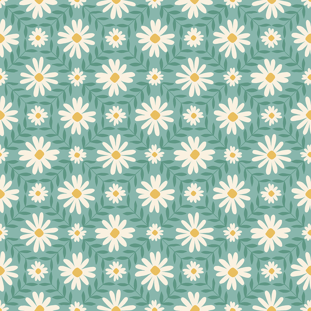 Cotton quilting fabric pattern called 'Floral Endpaper in Water'. Part of the 'Endpaper' fabric collection. Designed by Jen Hewett for fabric company Ruby Star Society. SKU: RS6044 15. 44-45 inch width.