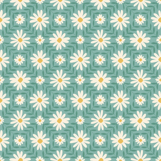 Cotton quilting fabric pattern called 'Floral Endpaper in Water'. Part of the 'Endpaper' fabric collection. Designed by Jen Hewett for fabric company Ruby Star Society. SKU: RS6044 15. 44-45 inch width.