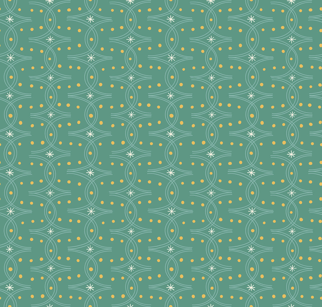 Cotton quilting fabric pattern called 'Endpaper in Watercress'. Part of the 'Endpaper' fabric collection. Designed by Jen Hewett for fabric company Ruby Star Society. SKU: RS6045 11. 44-45 inch width.