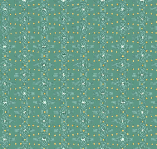 Cotton quilting fabric pattern called 'Endpaper in Watercress'. Part of the 'Endpaper' fabric collection. Designed by Jen Hewett for fabric company Ruby Star Society. SKU: RS6045 11. 44-45 inch width.