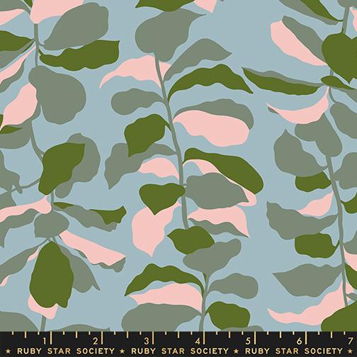 Fiddle Leaf in Soft Blue quilting fabric, part of the Calathea fabric collection by Ruby Star Society. (SKU: RS5186 14)