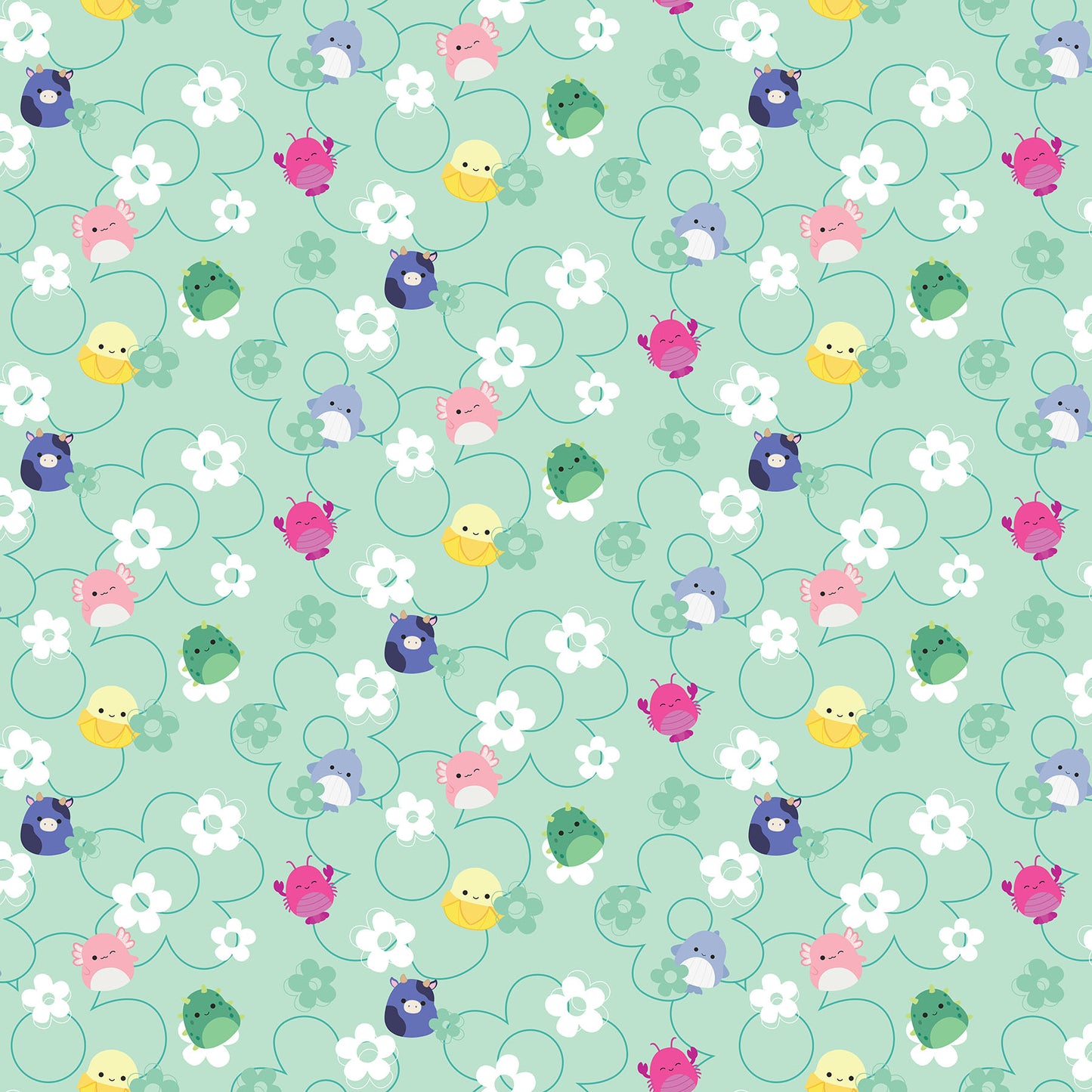 Flowers in Mint quilting fabric, part of the Summer Glow fabric collection by Squishmallows (SKU:SQ1068-73)