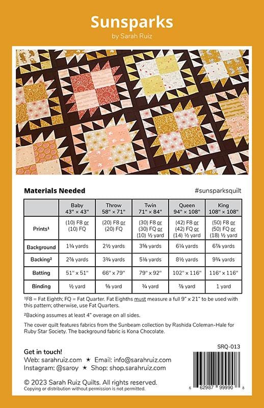 Sunsparks - Quilt Pattern - Sarah Ruiz Quilts - SRQ 013 - Paper Pattern (Preorder)