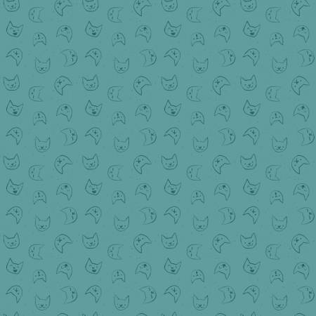 Cotton quilting fabric pattern called 'Emoti Cats in Teal'. Part of the 'Lazy Sunday' fabric collection. Designed by Pammie Jane Collection for fabric company Dear Stella. SKU: ST-DPJ2898TEAL. 44-45 inch width.