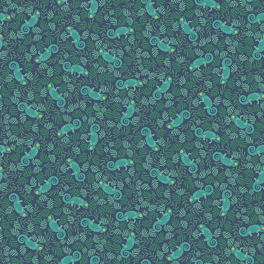 Cotton quilting fabric pattern called 'From the Gecko in Midnight'. Part of the 'Croc My World' fabric collection. Designed by Dear Stella for fabric company Dear Stella. SKU: ST-D2610MIDNIGHT. 44-45 inch width.