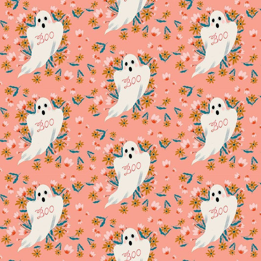 Cotton quilting fabric pattern called 'Boo in Papaya'. Part of the 'Boo!' fabric collection. Designed by Dear Stella Fabrics for fabric company Dear Stella Fabrics. SKU: ST-DFG2460PAPAYA. 44-45 inch width.