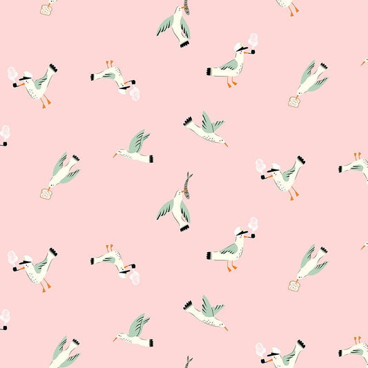 Cotton quilting fabric pattern called 'Seagulls in Blush'. Part of the 'Seafarer' fabric collection. Designed by Dear Stella for fabric company Dear Stella. SKU: ST-DFG2715BLUSH. 44-45 inch width.