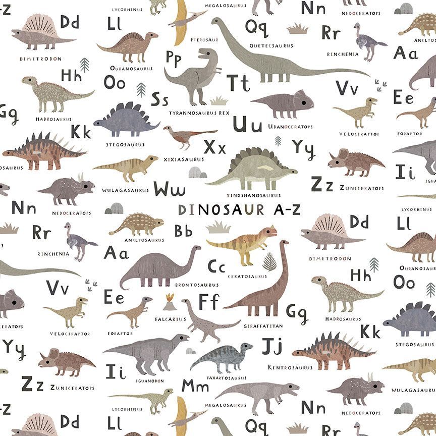 D is for Dinosaur - D is for Dinosaur in White  - Dear Stella - STELLA-DLT2345 WHITE - Half Yard