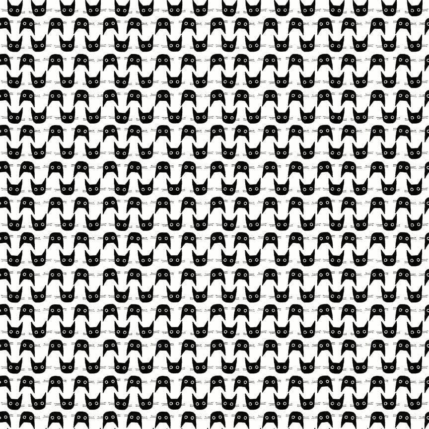Cotton quilting fabric pattern called 'Cat Heads in White'. Part of the 'Feline Fancy' fabric collection. Designed by Leeza Hernandez for fabric company Dear Stella. SKU: ST-DLW2664WHITE. 44-45 inch width.