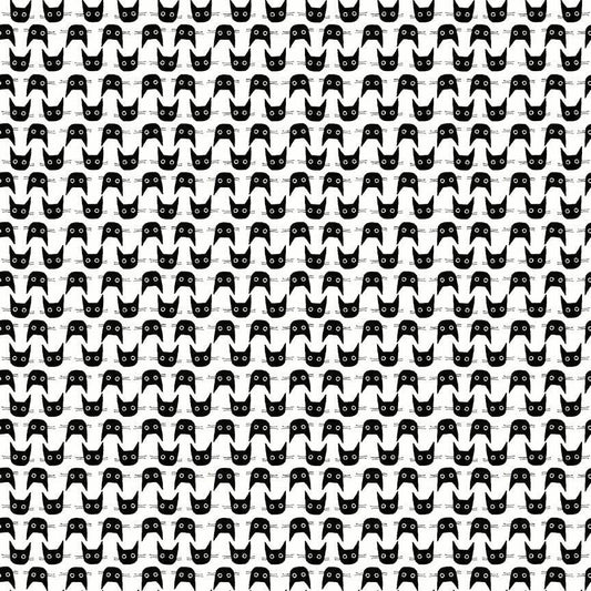 Cotton quilting fabric pattern called 'Cat Heads in White'. Part of the 'Feline Fancy' fabric collection. Designed by Leeza Hernandez for fabric company Dear Stella. SKU: ST-DLW2664WHITE. 44-45 inch width.