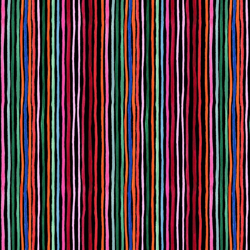 Cotton quilting fabric pattern called 'Mexican Stripe in Coal'. Part of the 'Hola Frida' fabric collection. Designed by Miriam Collection for fabric company Dear Stella. SKU: ST-DMB2867COAL. 44-45 inch width.