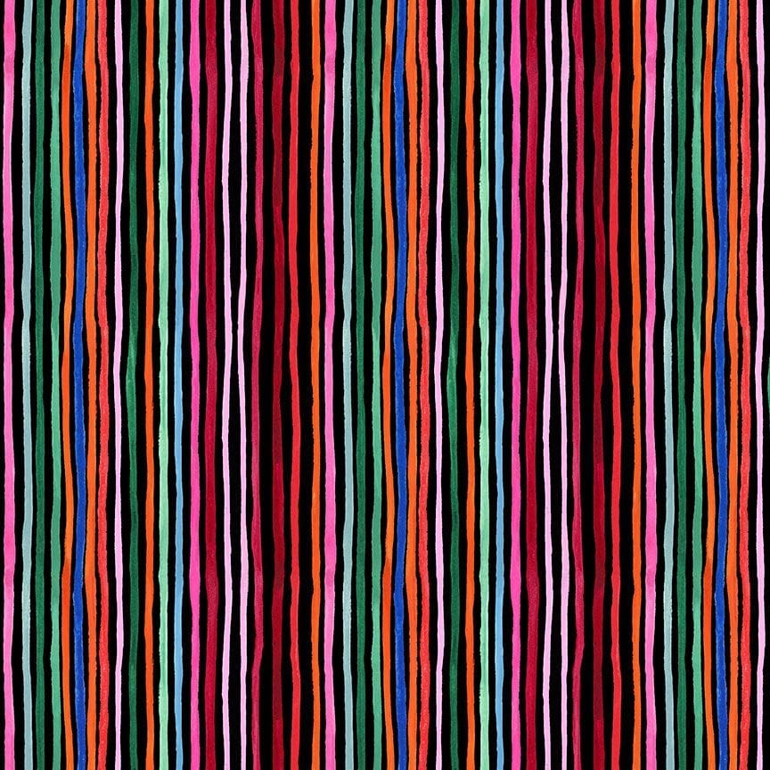 Cotton quilting fabric pattern called 'Mexican Stripe in Coal'. Part of the 'Hola Frida' fabric collection. Designed by Miriam Collection for fabric company Dear Stella. SKU: ST-DMB2867COAL. 44-45 inch width.