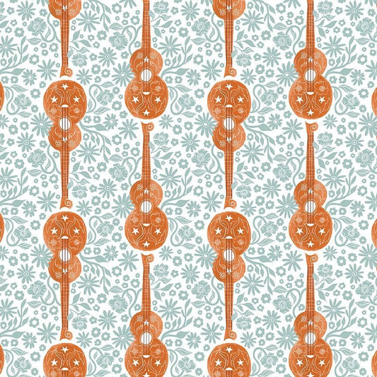 Cotton quilting fabric pattern called 'Guitar in Peacock'. Part of the 'Shine On' fabric collection. Designed by Rae Ritchie for fabric company Dear Stella. SKU: ST-DRR2680PEACOCK. 44-45 inch width.