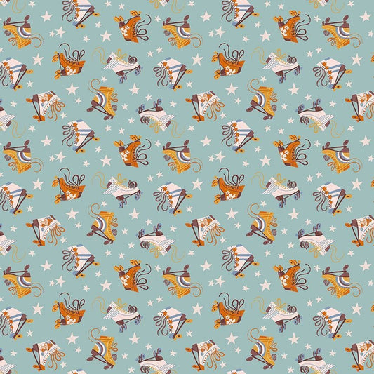 Cotton quilting fabric pattern called 'Roller Skates in Scuba'. Part of the 'Shine On' fabric collection. Designed by Rae Ritchie for fabric company Dear Stella. SKU: ST-DRR2682SCUBA. 44-45 inch width.