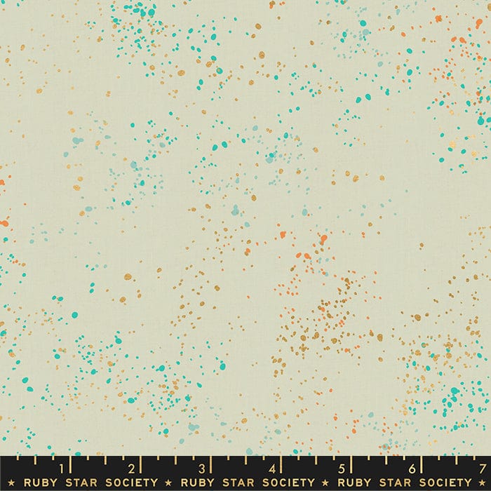 Cotton quilting fabric pattern called 'Shell'. Part of the 'Speckled Metallic' fabric collection. Designed by Ruby Star Society for fabric company Moda Fabrics. SKU: RS5027 82M. 44-45 inch width.