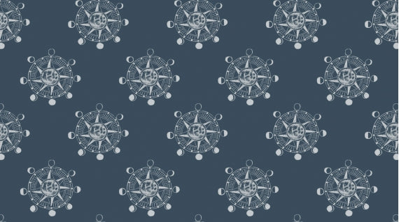 Cotton quilting fabric pattern called 'Star Compass in Bluesteel- Rae Ritchie for Dear Stella'. Part of the 'Aweigh North' fabric collection. Designed by Rae Ritchie for fabric company Dear Stella Fabrics. SKU: ST-SRR1061. 44-45 inch width.