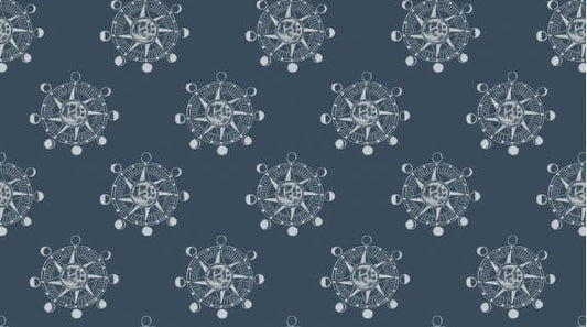 Cotton quilting fabric pattern called 'Star Compass in Bluesteel-  Rae Ritchie for Dear Stella'. Part of the 'Aweigh North' fabric collection. Designed by Rae Ritchie for fabric company Dear Stella Fabrics. SKU: ST-SRR1061. 44-45 inch width.