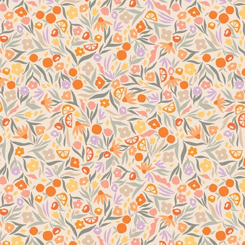 A closeup shot of the quilting fabric pattern called Floral Zest, designed by AGF Studio as part of the Tangerine collection. The SKU is TAN69907.