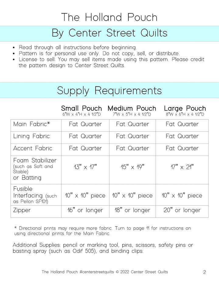 Center Street Quilts - Holland Pouch Pattern - CSQ-HOLLP