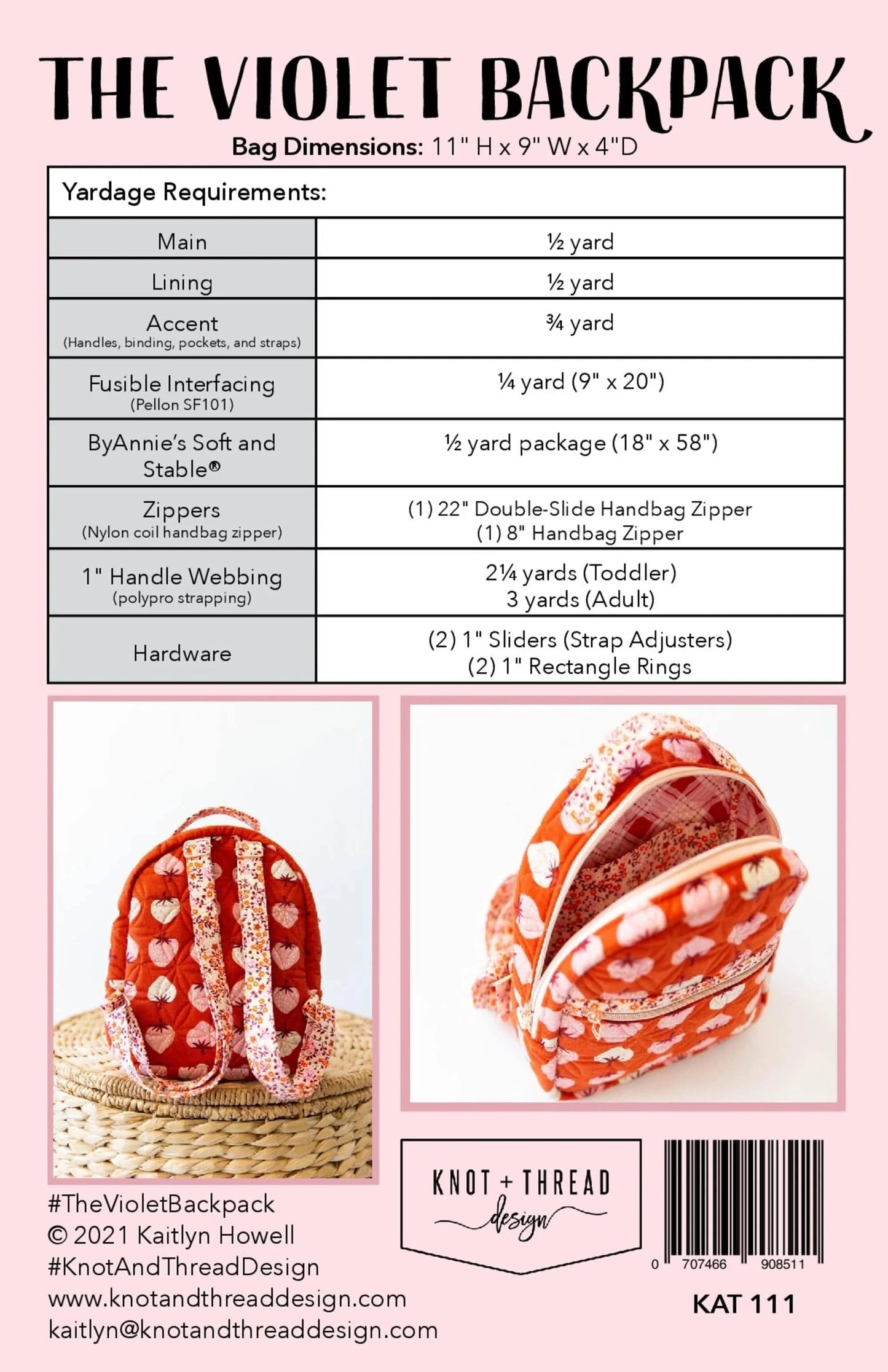 The Violet Backpack - Knot and Thread Designs - KAT 111 - Printed Pattern