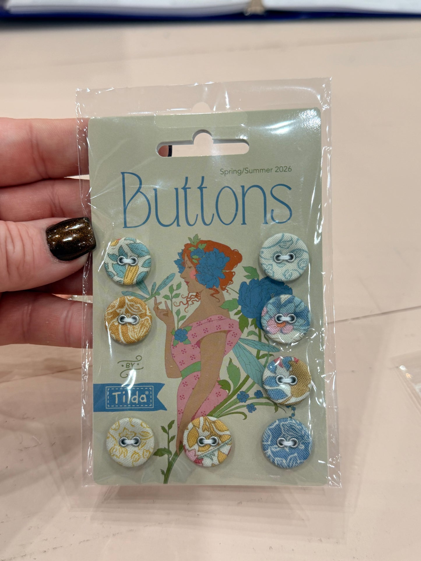 Songbird Buttons in Blue / Yellow by Tilda Fabrics - 0.63 in (16mm), 8 pieces