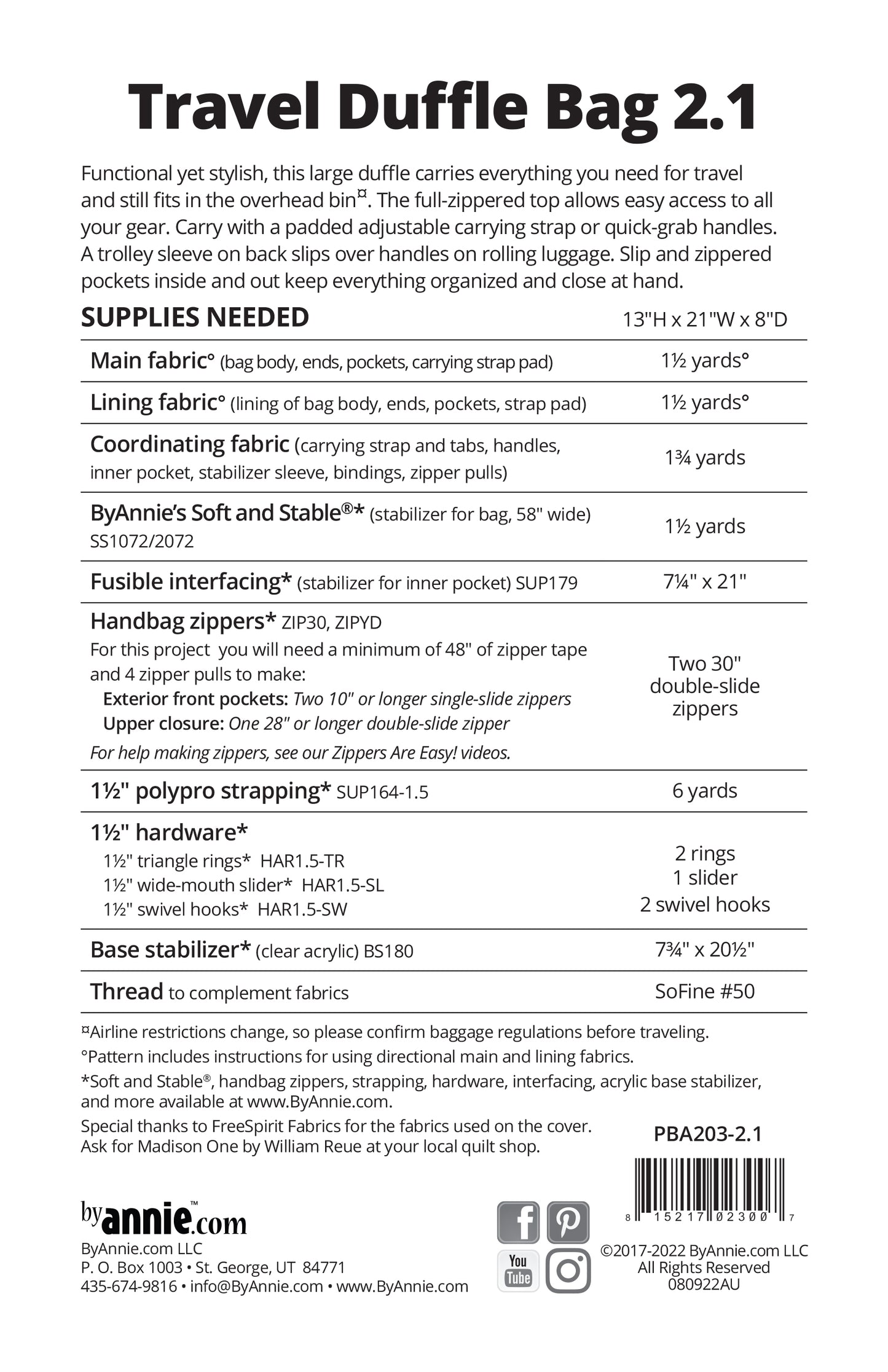 Travel Duffle 2.1 - By Annie - Printed Bag Pattern - PBA203-2.1