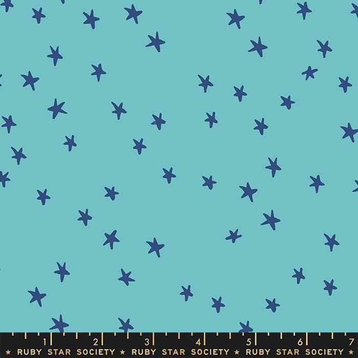 Cotton quilting fabric pattern called 'Starry in Turquoise'. Part of the 'Starry' fabric collection. Designed by Ruby Star Society for fabric company Moda Fabrics. SKU: RS4109 43. 44-45 inch width.