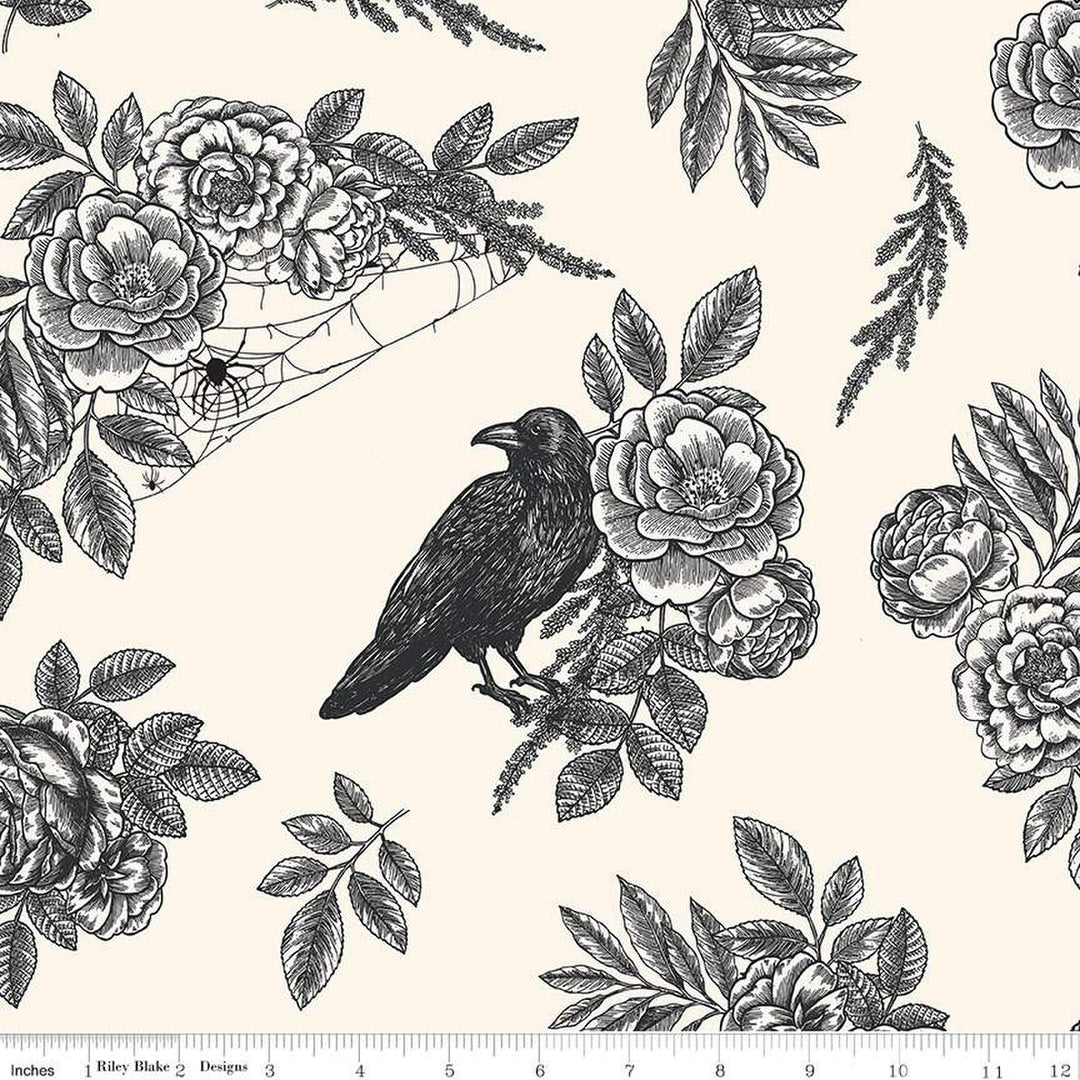 PREORDER - Sophisticated Halloween - Floral Raven 108" Wide Back in Cream - My Mind's Eye - WB14628-CREAM - Half Yard