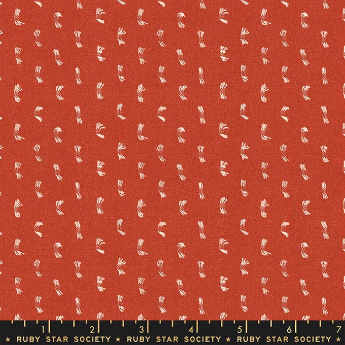 Cotton quilting fabric pattern called 'Flicker in Persimmon'. Part of the 'Warp and Weft' fabric collection. Designed by Ruby Star Society for fabric company Moda Fabrics. SKU: RS4012 14. 44-45 inch width.