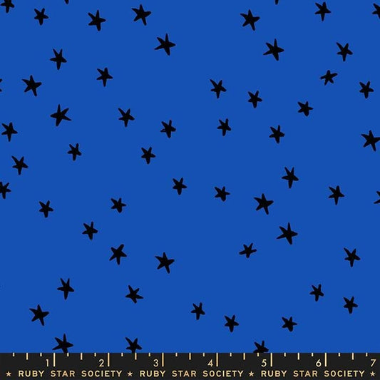 Cotton quilting fabric pattern called 'Starry in Blue Ribbon'. Part of the 'Starry' fabric collection. Designed by Ruby Star Society for fabric company Moda Fabrics. SKU: RS4109 44. 44-45 inch width.