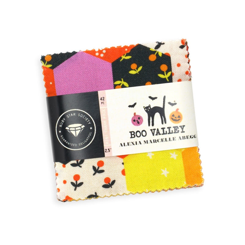 Moda's Boo Valley Mini Charm Pack by Ruby Star Society's Alexia Abegg. 42 squares of cotton quilting fabric, 2.5 in x 2.5 in.