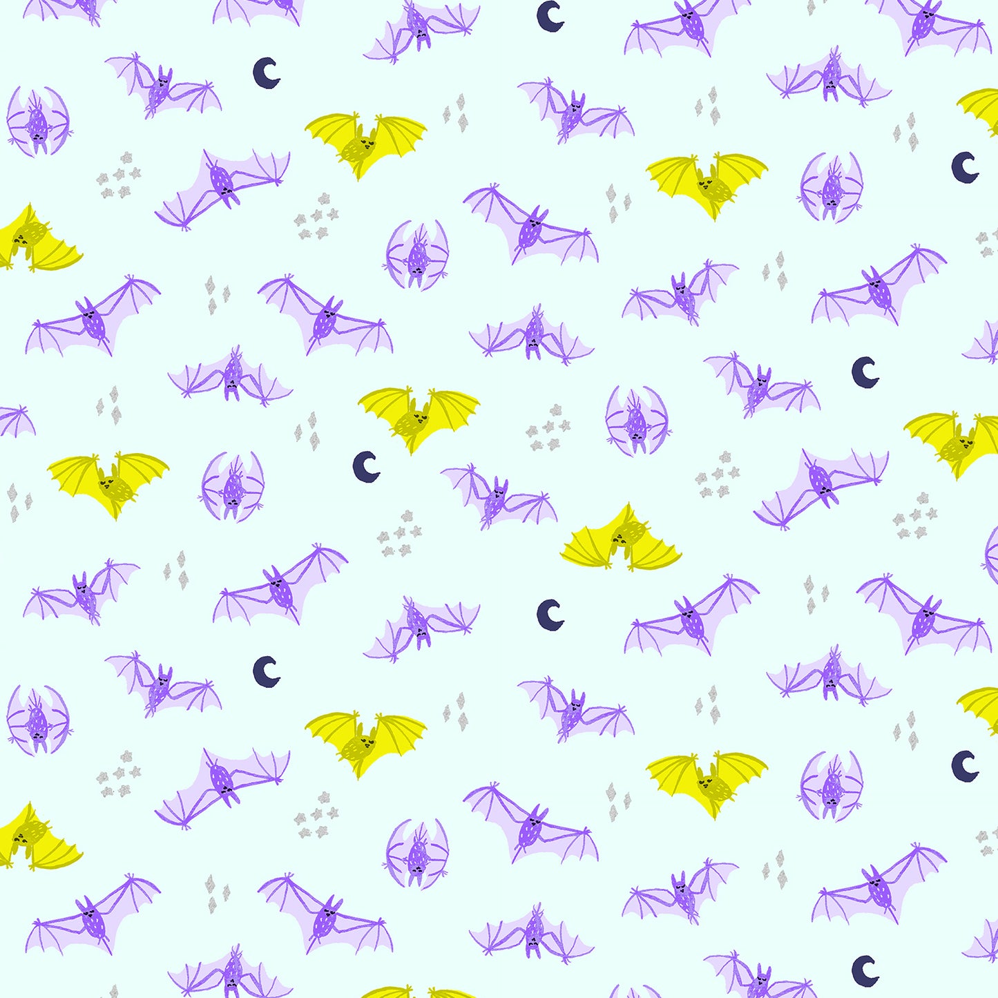 Pattern of purple and yellow bat illustrations on a white background
