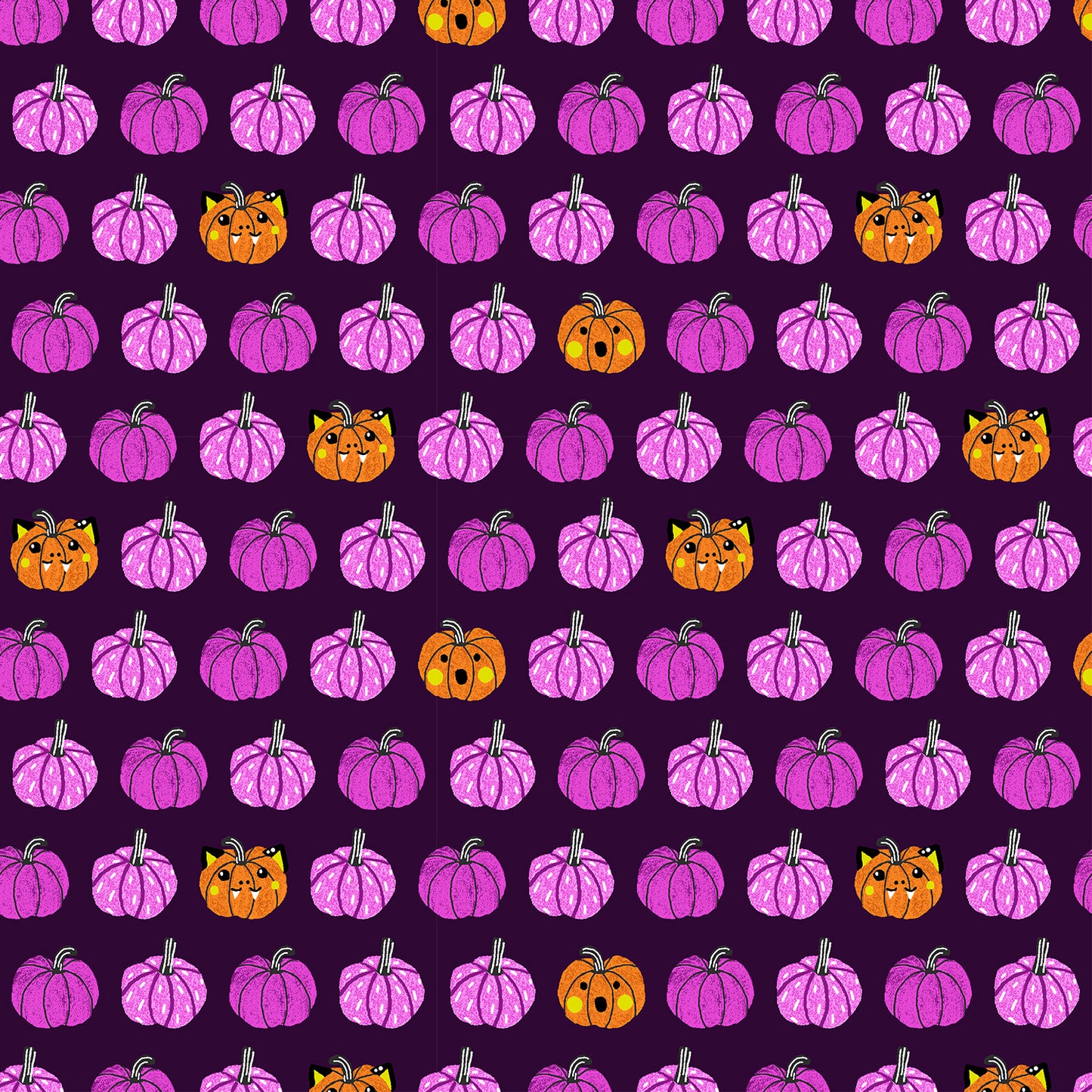 Pattern of pink pumpkins and orange pumpkins with black faces on a purple background
