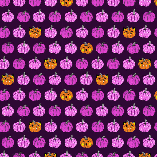 Pattern of pink pumpkins and orange pumpkins with black faces on a purple background