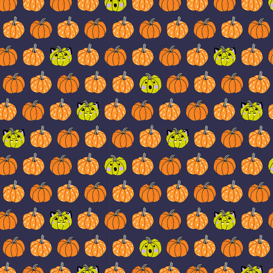 Pattern of orange pumpkins and green ghost pumpkins on a dark blue background