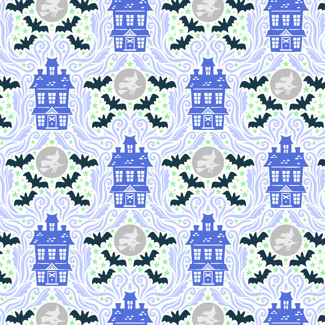 Cotton quilting fabric pattern called 'Haunted House'. Part of the 'School of Magic' fabric collection. Designed by Carys Mula for fabric company Cotton and Steel. SKU: CM102-WH1P. 44-45 inch width.