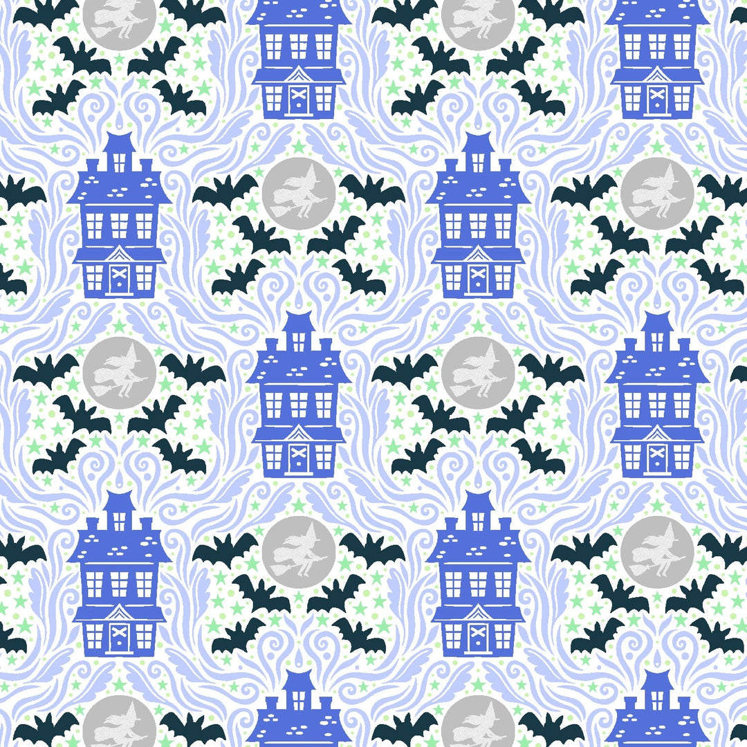 Cotton quilting fabric pattern called 'Haunted House'. Part of the 'School of Magic' fabric collection. Designed by Carys Mula for fabric company Cotton and Steel. SKU: CM102-WH1P. 44-45 inch width.