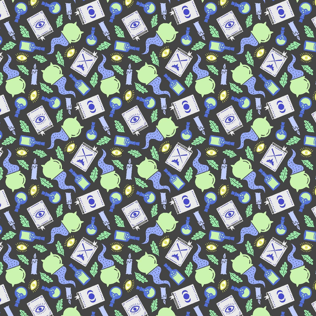 Cotton quilting fabric pattern called 'Potion Making'. Part of the 'School of Magic' fabric collection. Designed by Carys Mula for fabric company Cotton and Steel. SKU: CM103-EN1P. 44-45 inch width.