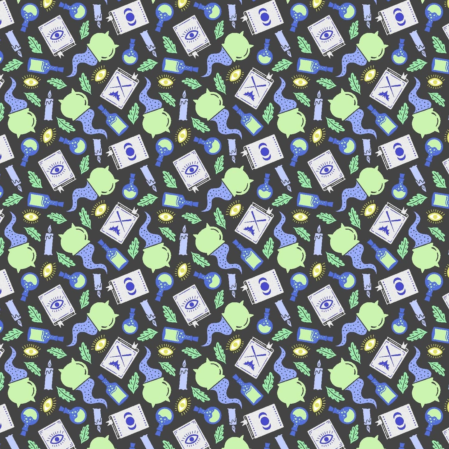 Cotton quilting fabric pattern called 'Potion Making'. Part of the 'School of Magic' fabric collection. Designed by Carys Mula for fabric company Cotton and Steel. SKU: CM103-EN1P. 44-45 inch width.